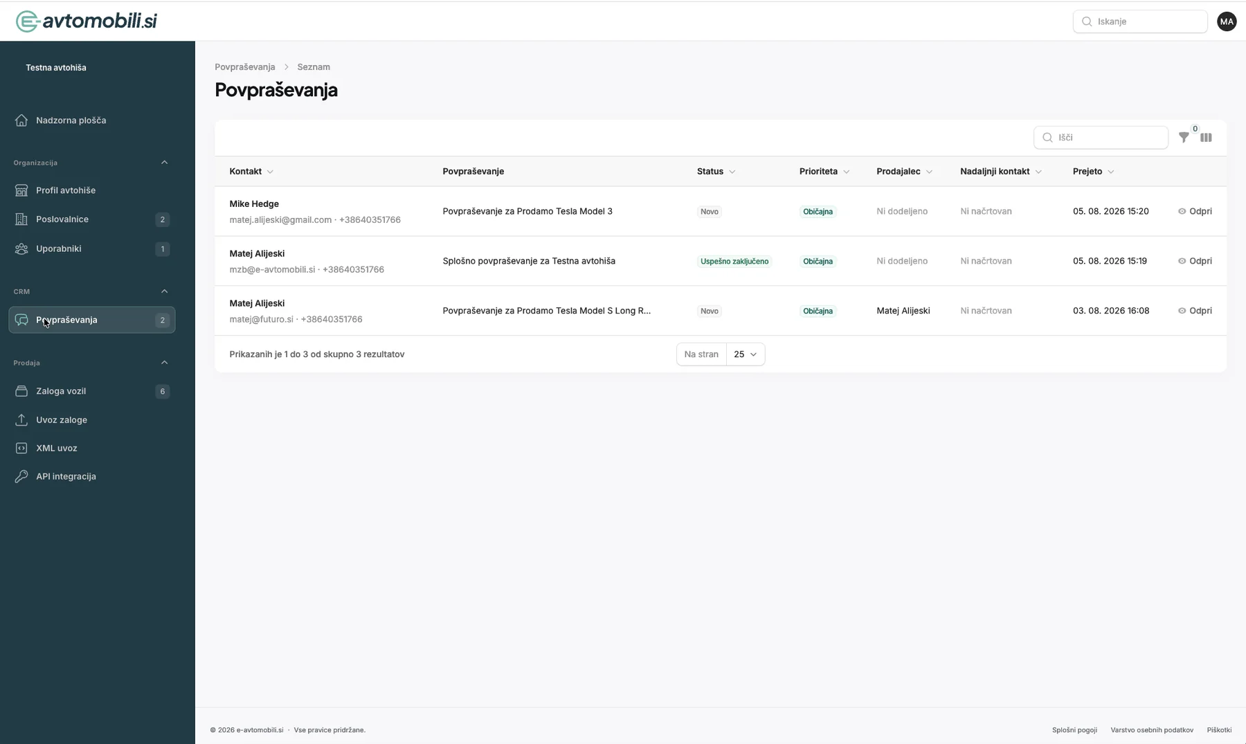 Seznam CRM povpraševanj v trgovskem okolju