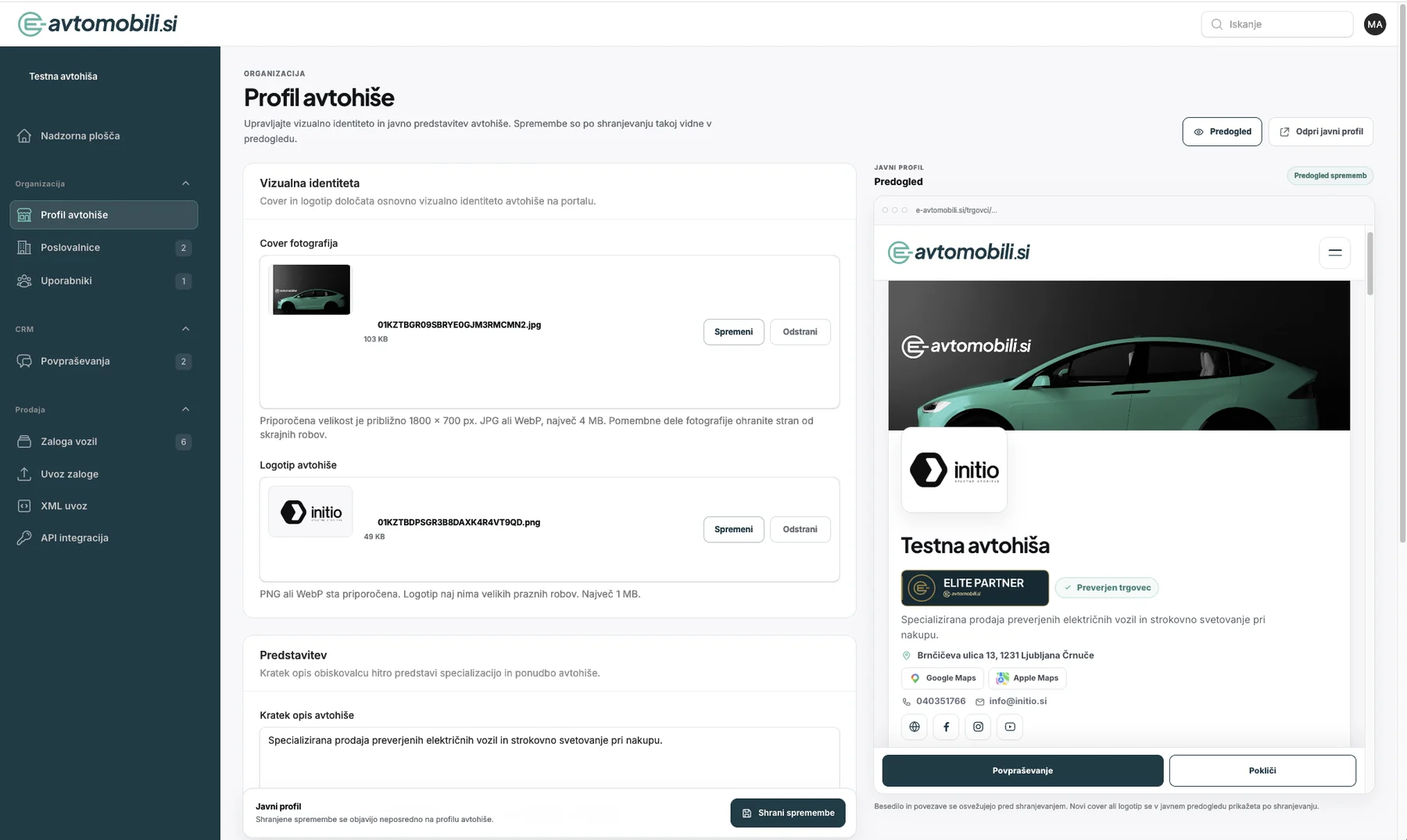 Premium urejevalnik javnega profila avtohiše z live predogledom